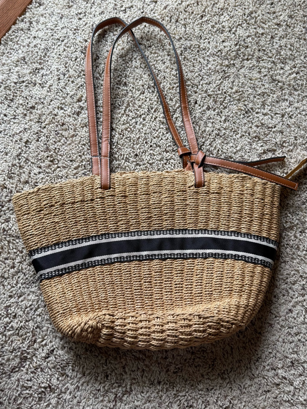 Woven Straw Tote Bag with Black Stripe and Brown Handles